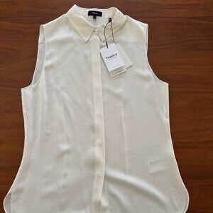 NWT Theory Women's Ivory Fitted Sleeveless Shirt in Silk Georgette Size Large